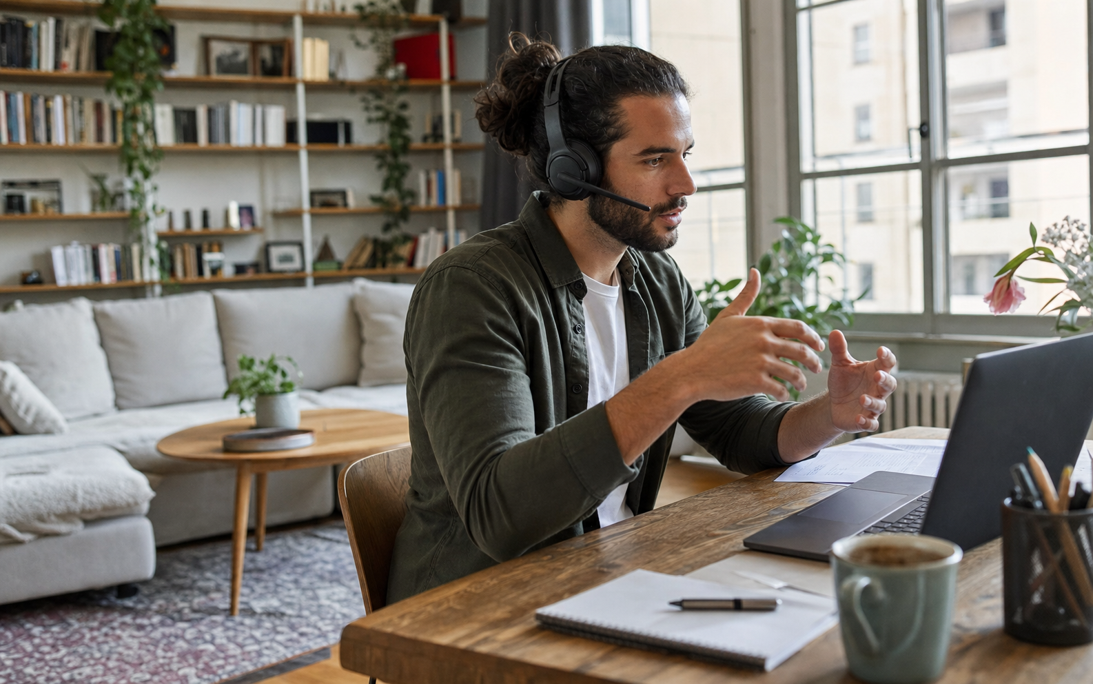 back-to-back calls in a shared apartment workspace