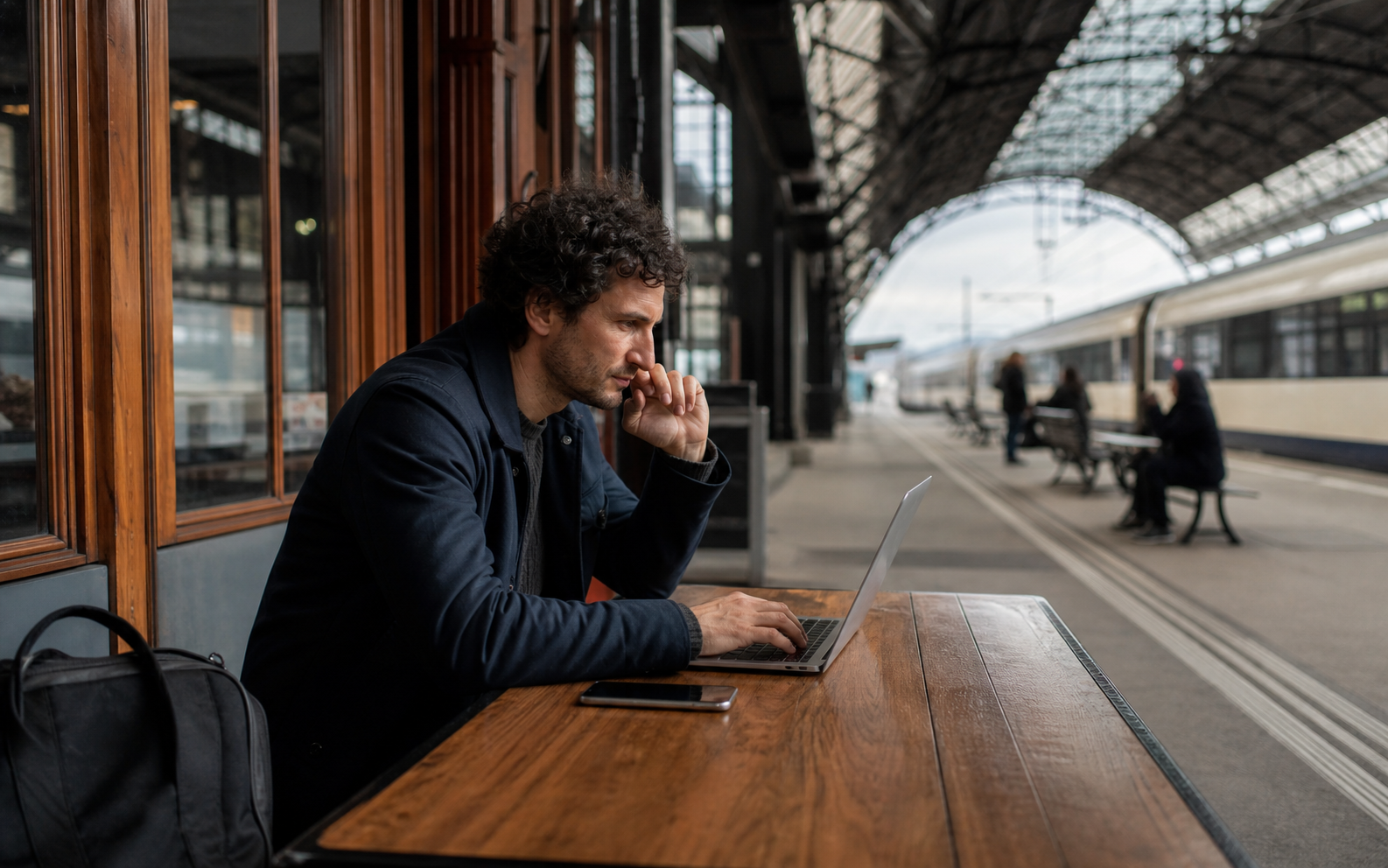 a kitchen table video call followed by a train ride to the office