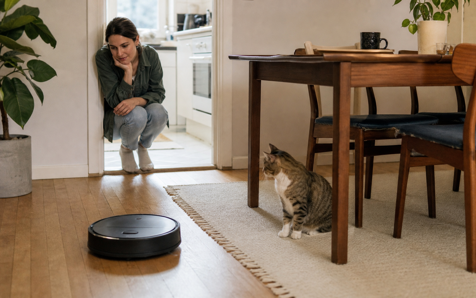 daily crumbs, cat litter, chair legs, and a rug in a compact apartment