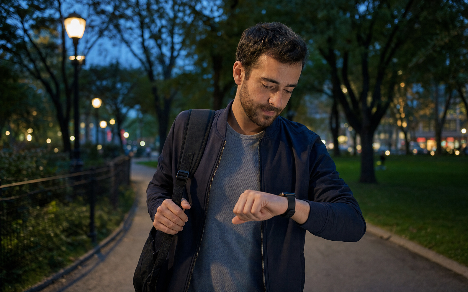 calendar alerts at a desk followed by an evening trail walk