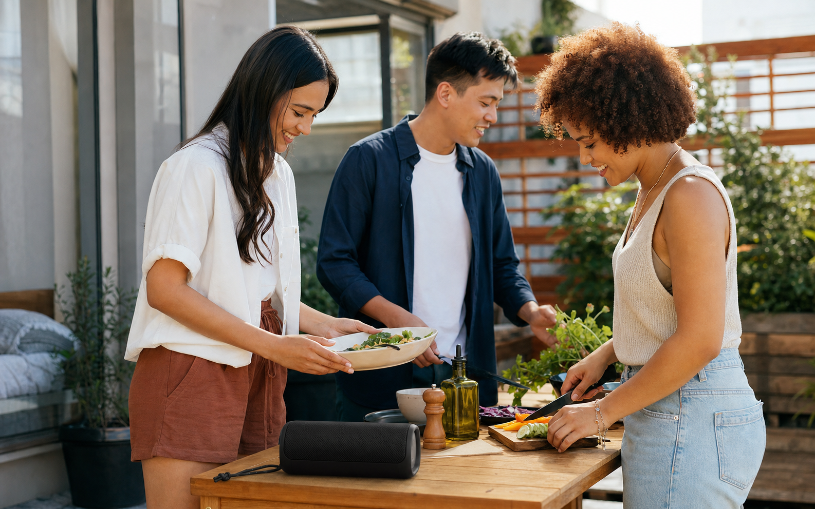 music moving from meal prep to a backyard table and a weekend cabin