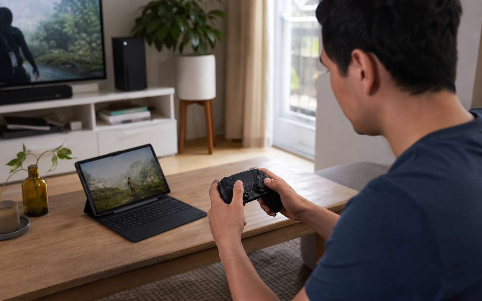moving between a desktop, living-room console, and tablet