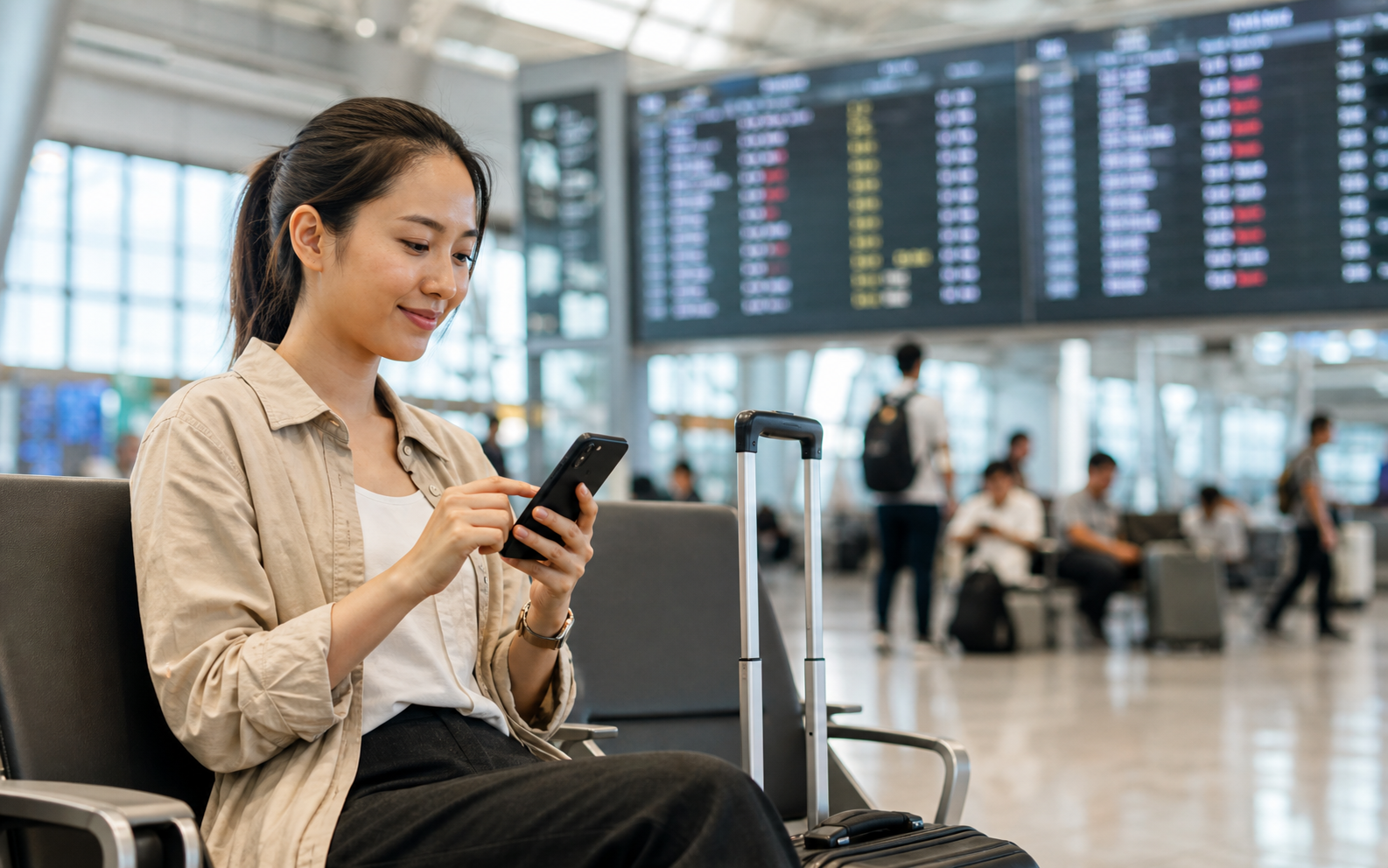 an airport departure lounge, digital boarding passes, and a long connection