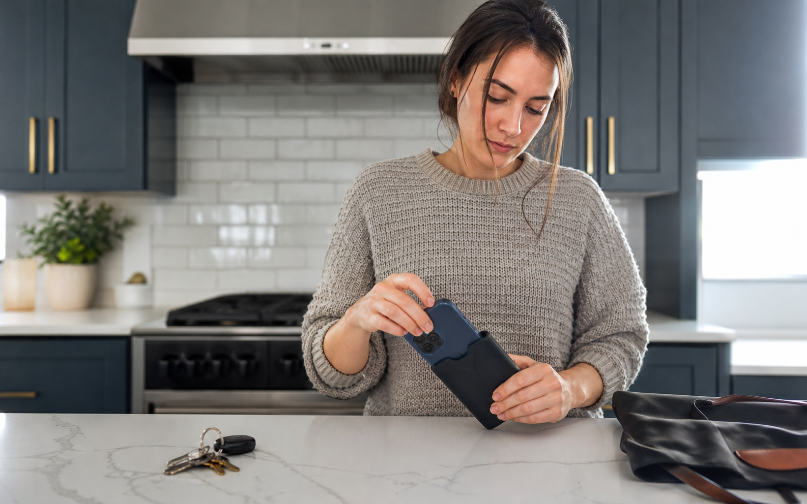 a phone slipping from a kitchen counter and being used one-handed outside