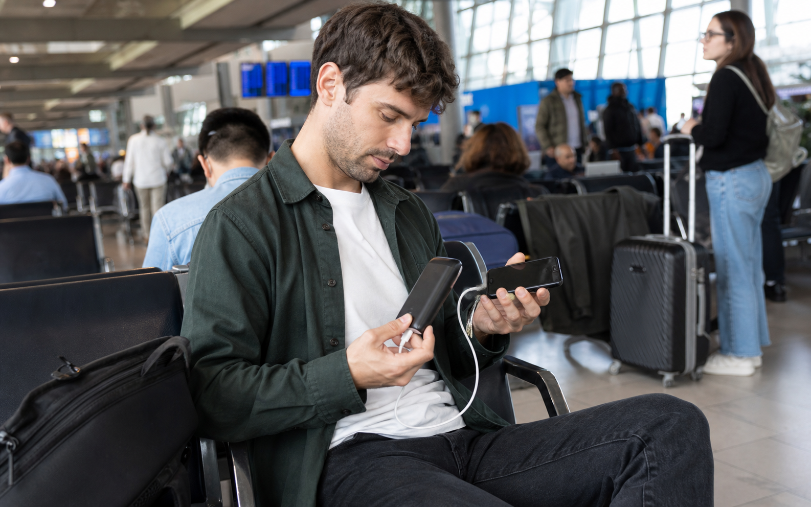 a traveler charging a phone and earbuds between boarding groups