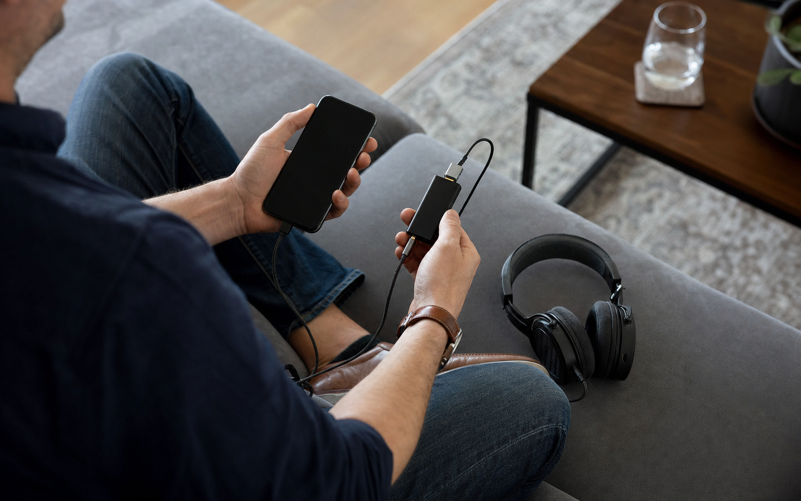 listening from a laptop at a desk and a phone on the sofa