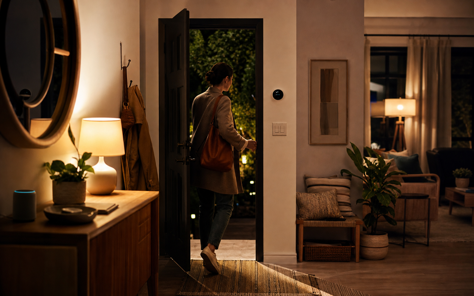 coming home with groceries to a lit entry and comfortable room