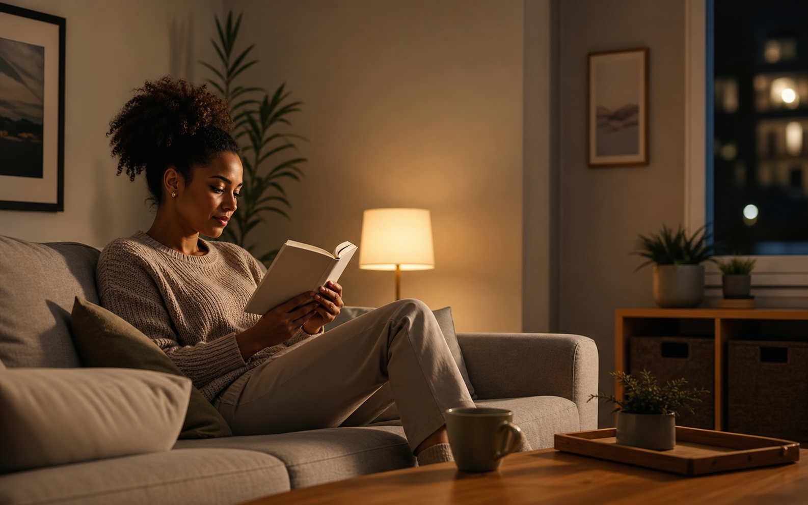 soft morning light, focused desk time, and a relaxed evening scene