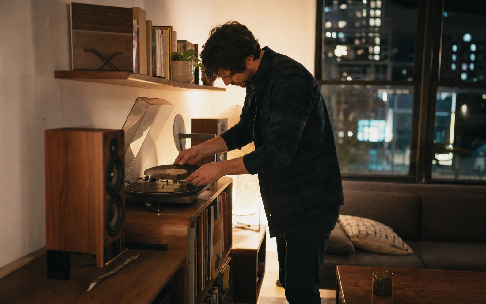 opening a favorite record after dinner in a modest living room