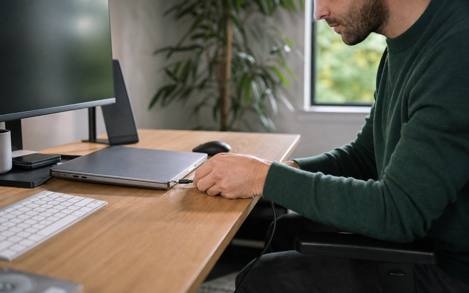 arriving at a desk and connecting display, power, storage, and accessories
