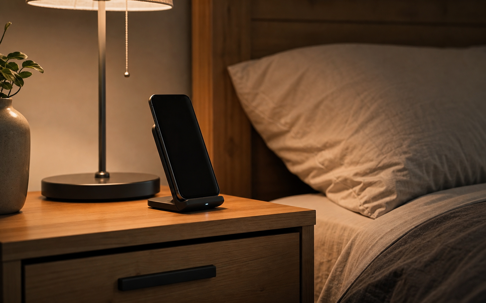 a dim bedroom where a phone must align easily without bright status lights